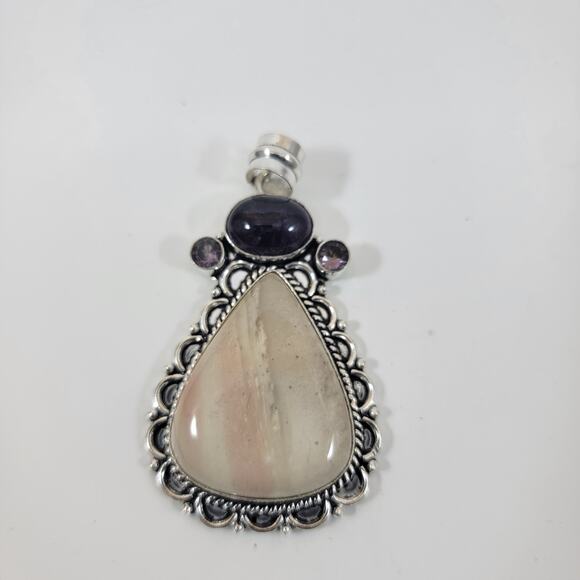 Handmade Silver Pendant with Rainbow Moonstone and Faceted Amethyst Accents - Picture 9 of 10